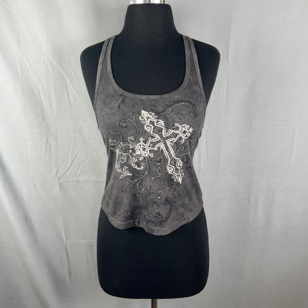 Women Tank Top XS Gray Filigree Cross Rhinestone Acid Wash Wide Strap Streetwear